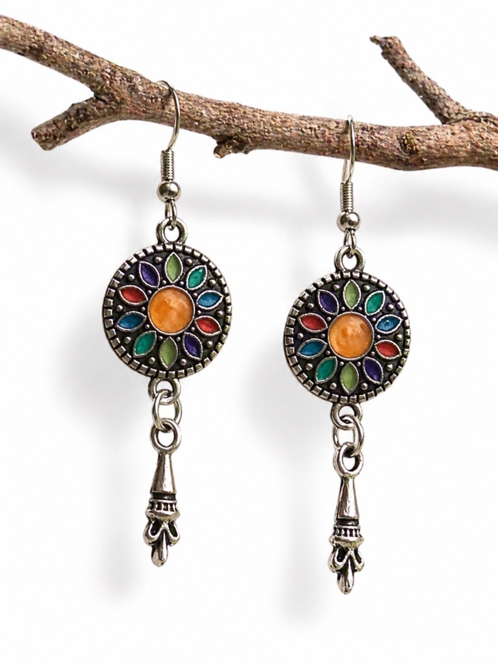 Boho Mosaic Drop Earrings, Colorful Medallion Dangles